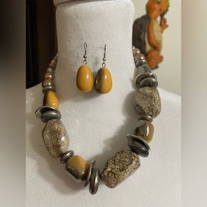 paparazzi NWT Necklace Earring Bead Stone Brown Silver